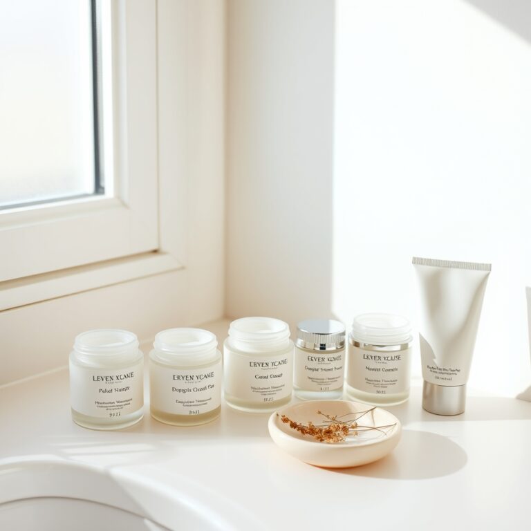 best moisturizer 2026 — Five open moisturizer jars arranged on a white bathroom counter in soft natural morning light.