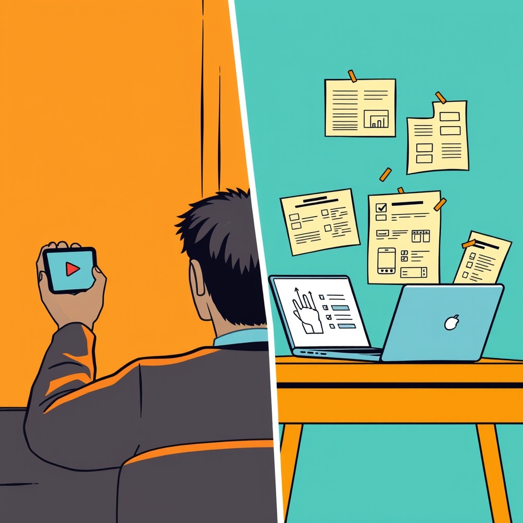 best online courses 2026 — Split illustration contrasting passive video watching on mobile versus active project-based learning on a laptop with diagrams.