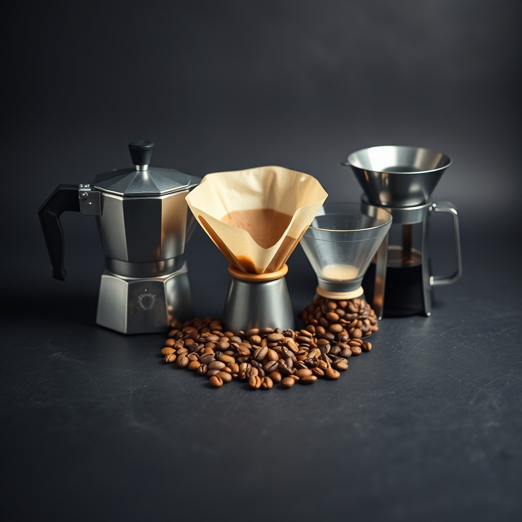 best organic coffee beans — Three coffee brewers—a moka pot, French press, and pour-over dripper—arranged with beans of light, medium, and dark roast levels on a dark slate surface.