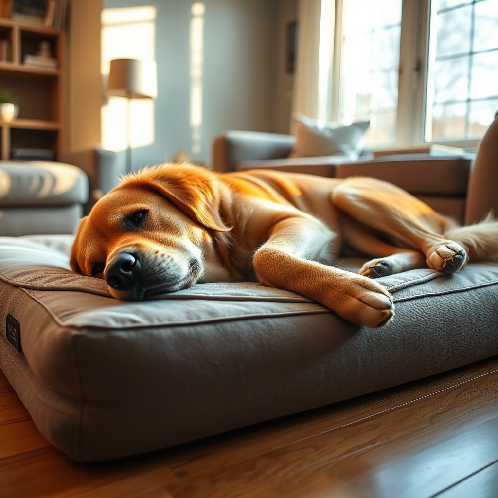 best orthopedic dog beds — Senior golden retriever resting comfortably on a thick grey orthopedic memory foam dog bed in a warm living room