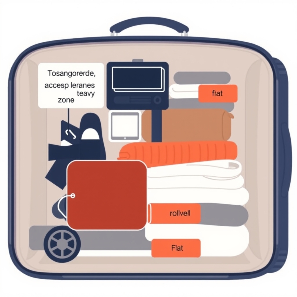 best packing methods — Diagram of suitcase cross-section showing heavy items at the bottom, rolled clothes in the middle, and folded items on top.