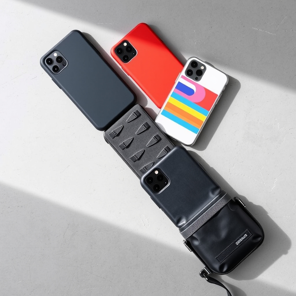 best phone cases by lifestyle — Four different phone cases displayed on gray surface, ranging from slim to rugged protection.