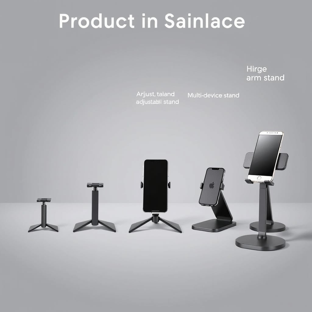 best phone stands for desk — Five different phone stand models arranged left to right by increasing size, height range, and adjustability features.