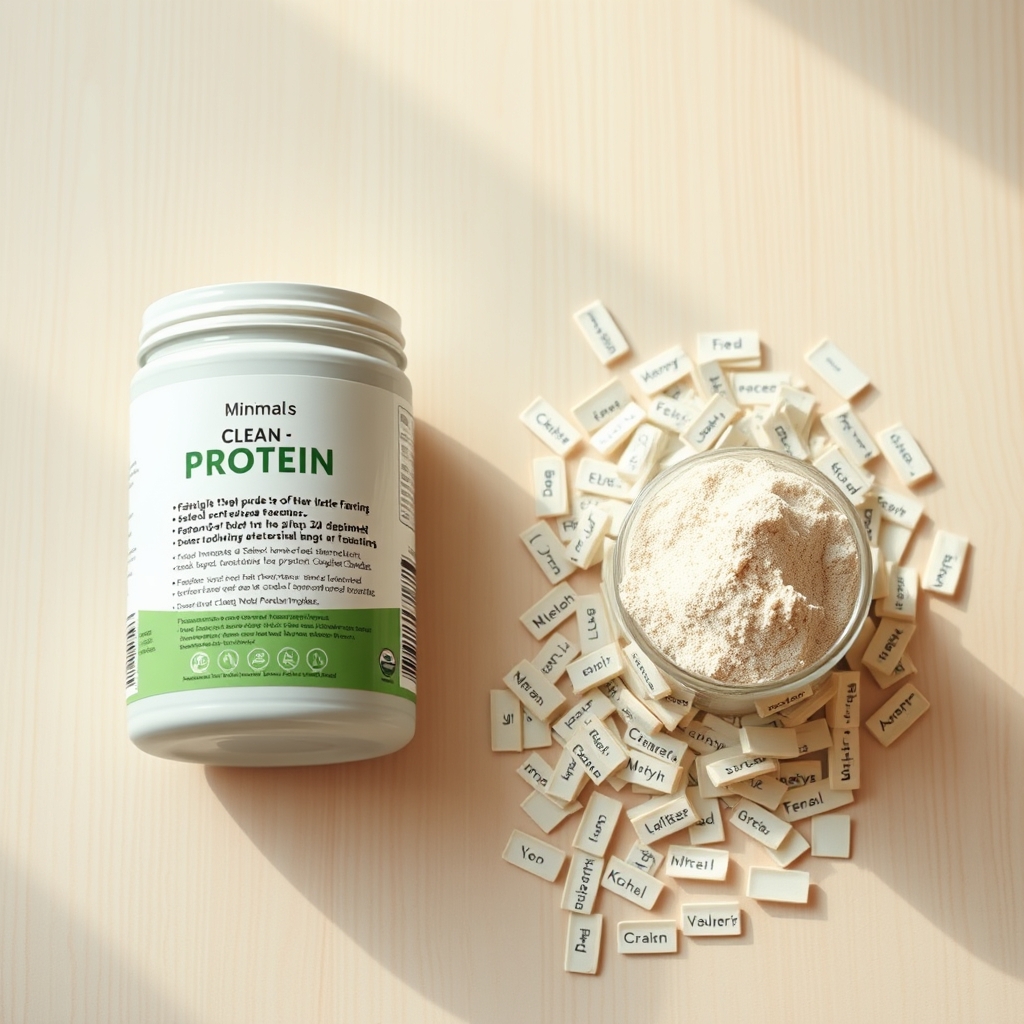 best plant-based protein powder — Two protein powder containers side by side, one with a short clean ingredient list and one surrounded by scattered complex additive labels.