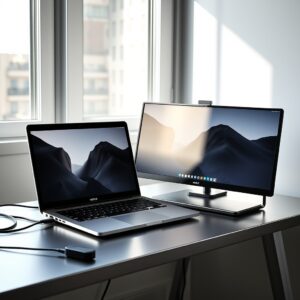 best portable monitor — Laptop with external portable monitor on a bright, minimalist desk with natural lighting