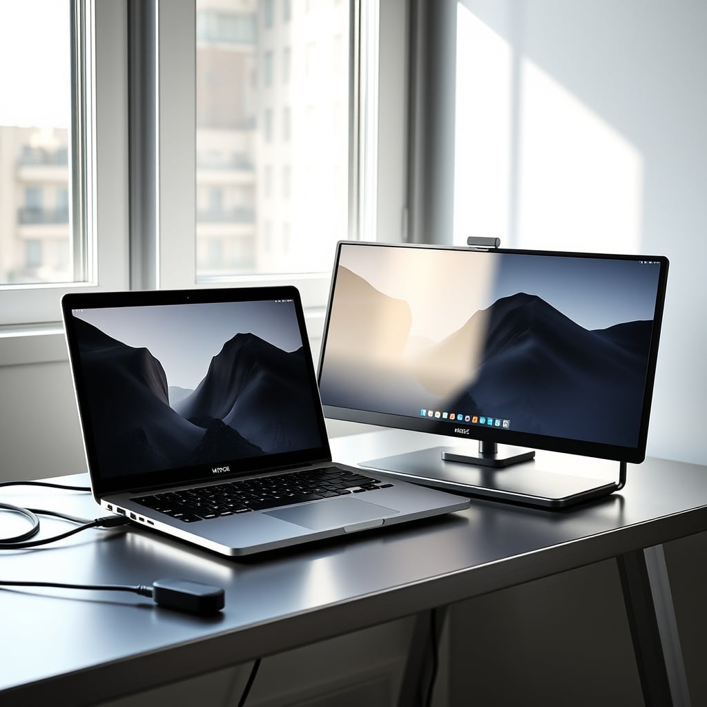 best portable monitor — Laptop with external portable monitor on a bright, minimalist desk with natural lighting