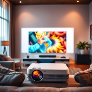 best portable projector under $500 — Portable projector casting a bright image onto a screen in a modern living room setting.