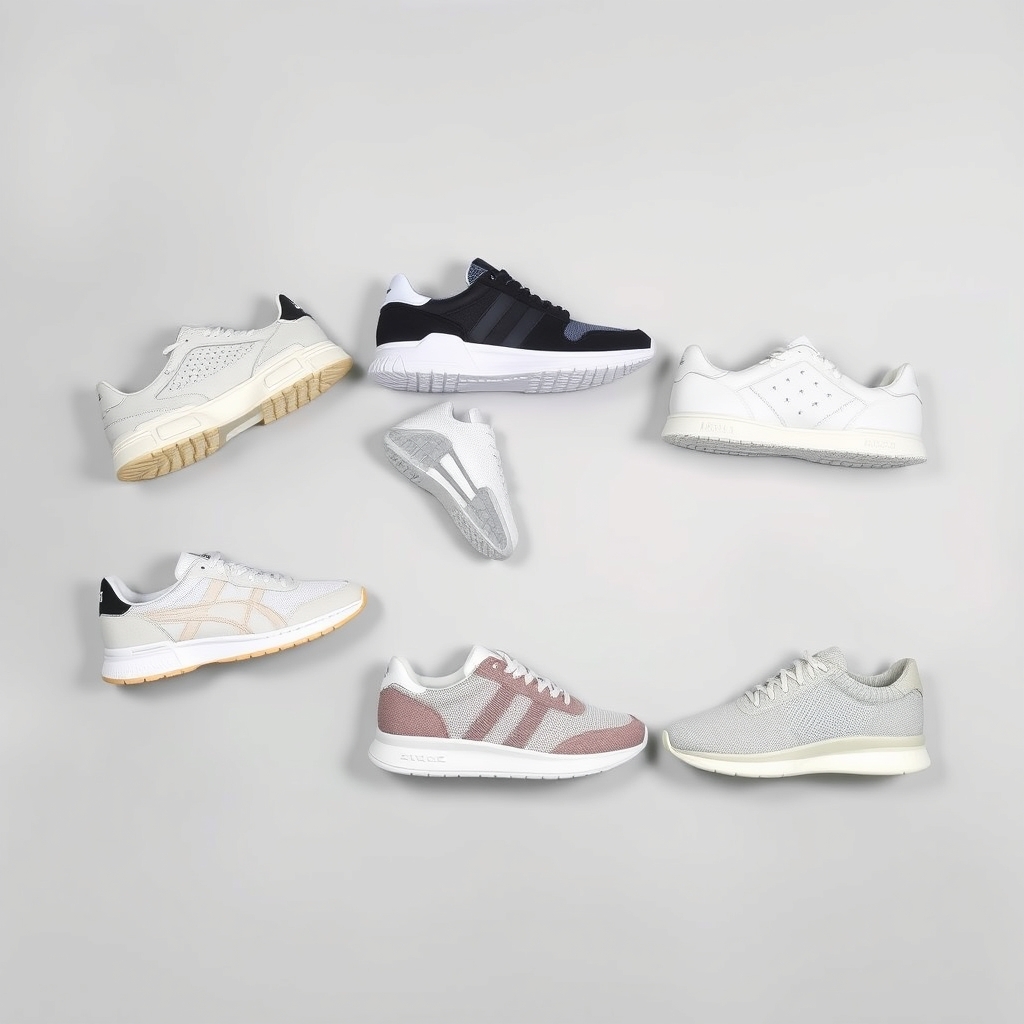 best rain shoes — Six waterproof sneakers in varying silhouettes arranged in a flat-lay grid from trail runner to minimal knit low-top styles