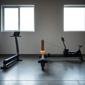 best rowing machines — Three rowing machines — air, water, and magnetic — arranged side by side in a bright modern home gym.