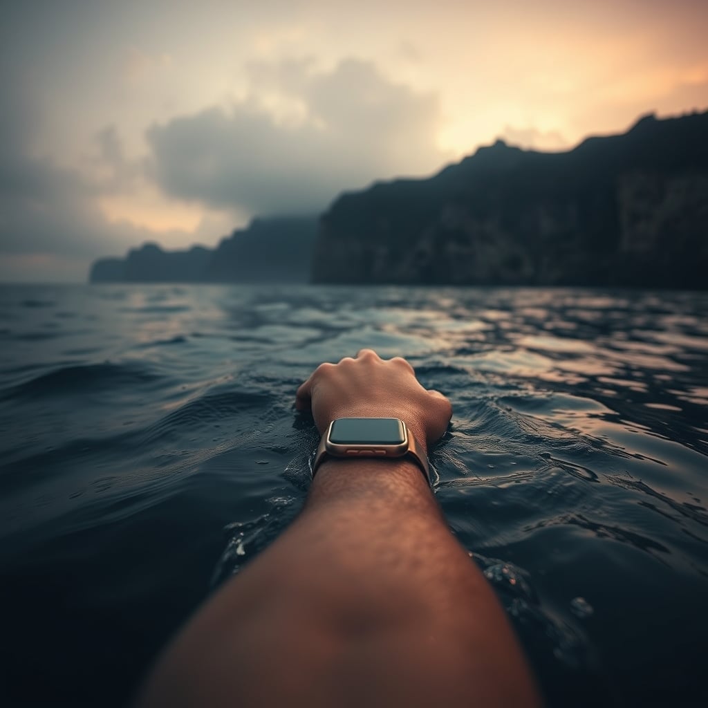 best smartwatches for swimming — Open-water swimmer from behind stroking through dark ocean water at dawn with a glowing smartwatch visible on their wrist.