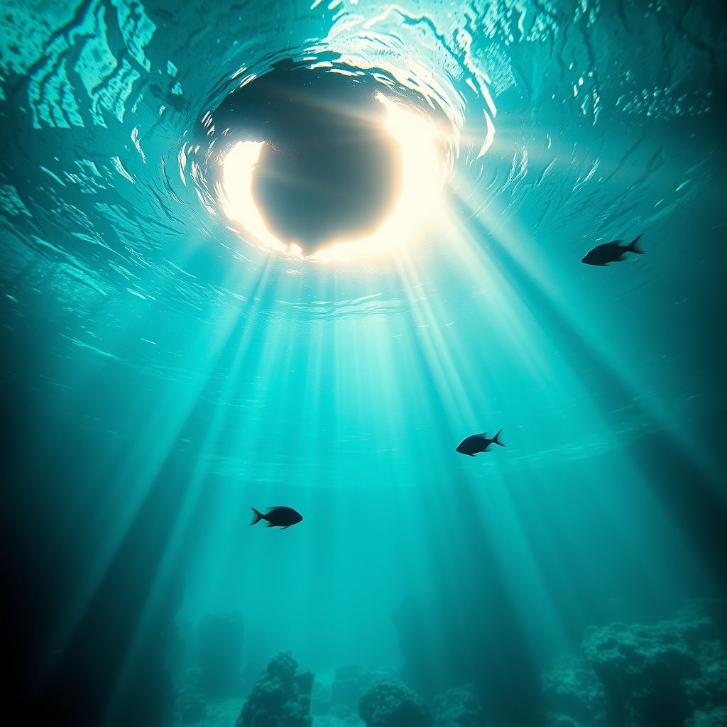 best theme parks mexico — Underwater view inside a Mexican cenote with shafts of sunlight, tropical fish, and submerged limestone formations in turquoise water.