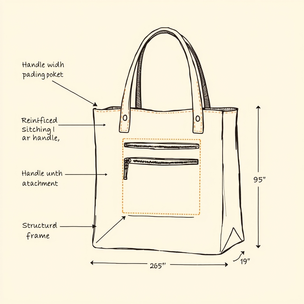 best tote bag — Cross-section diagram of a tote bag highlighting handle padding, interior pocket, reinforced stitching, structured base, and depth.