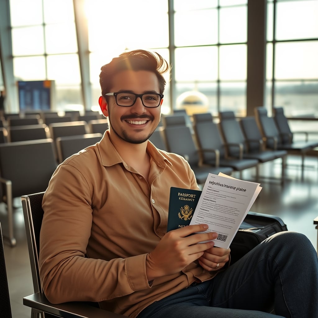 best travel insurance — Traveler reviewing travel insurance documents in airport lounge with planes visible through windows.