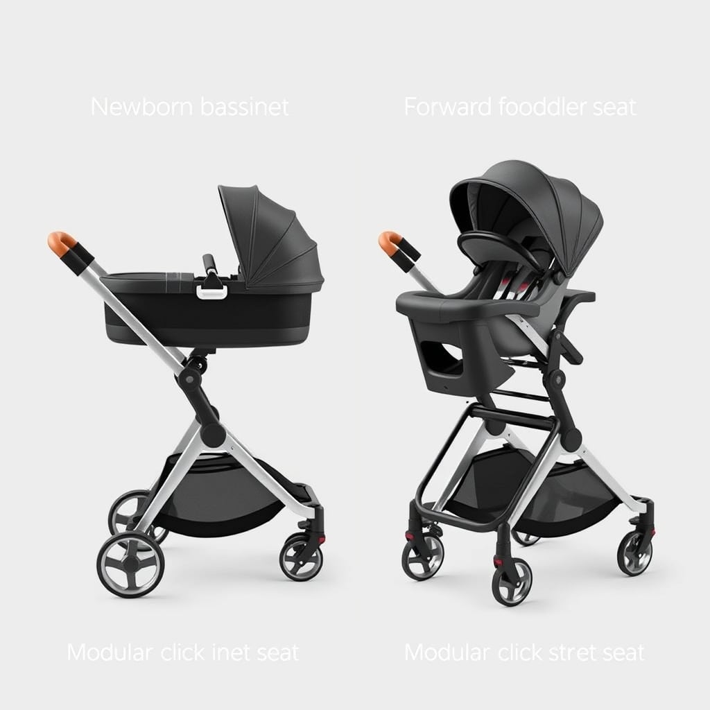 best travel stroller — Diagram of Vista's modular bassinet and seat system stacked on frame