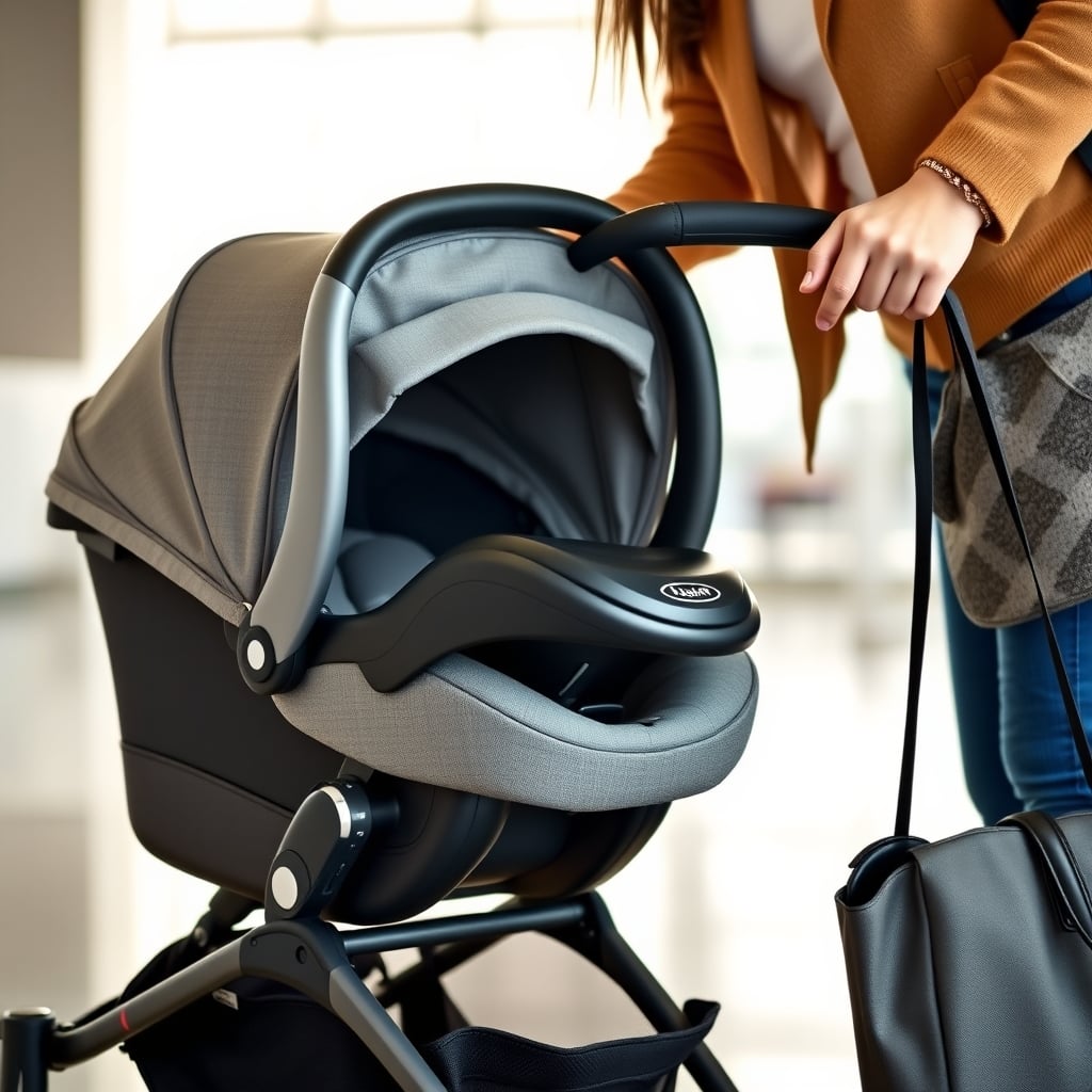 best travel system stroller 2026 — Parent one-handedly attaching an infant car seat to a stroller frame at an airport.