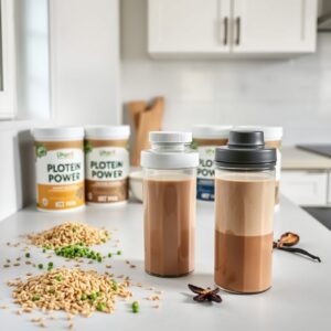 best vegan protein for smoothies — Five vegan protein powder containers arranged on a kitchen counter with peas, hemp seeds, and a chocolate protein shake in a shaker bottle.