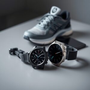 best watch for running — Two contrasting smartwatches placed side by side on a gray surface, representing Garmin and Apple Watch comparison