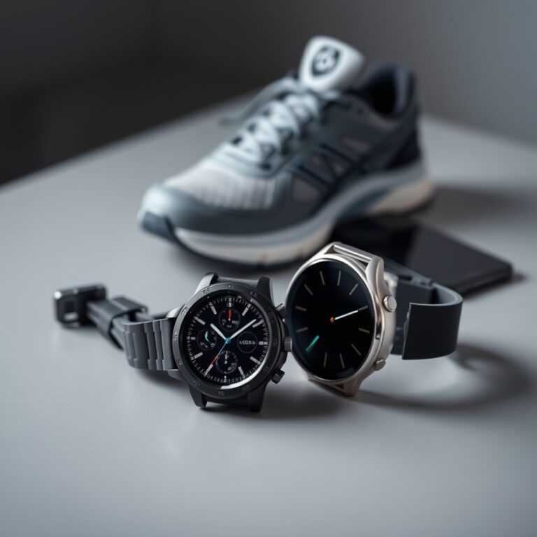 best watch for running — Two contrasting smartwatches placed side by side on a gray surface, representing Garmin and Apple Watch comparison