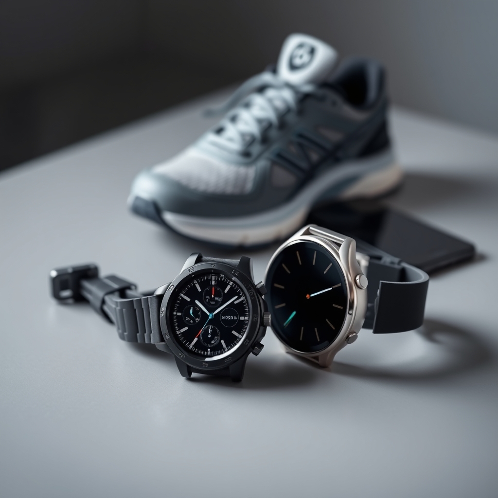 best watch for running — Two contrasting smartwatches placed side by side on a gray surface, representing Garmin and Apple Watch comparison
