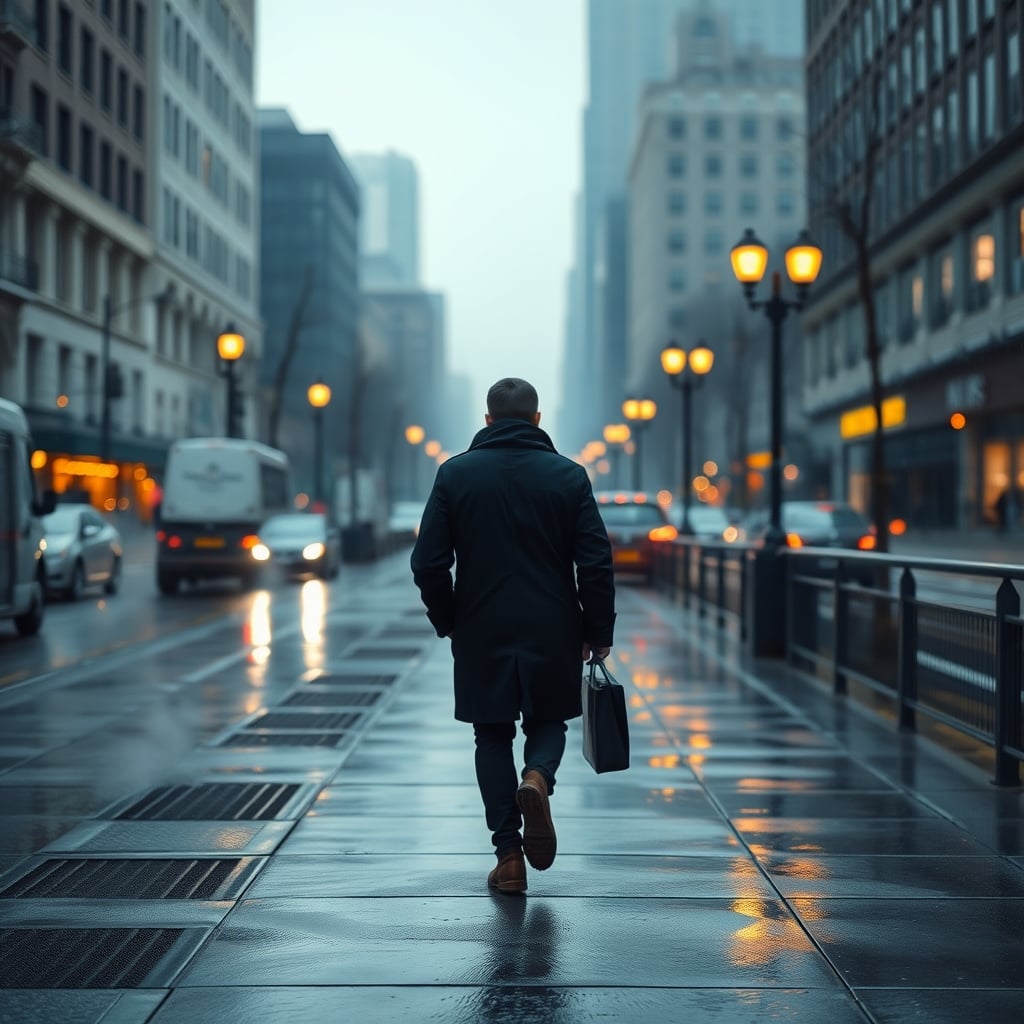 best winter coats for commuting — Urban commuter in a navy winter coat walking on a wet city sidewalk at dawn, streetlights reflecting off the pavement.