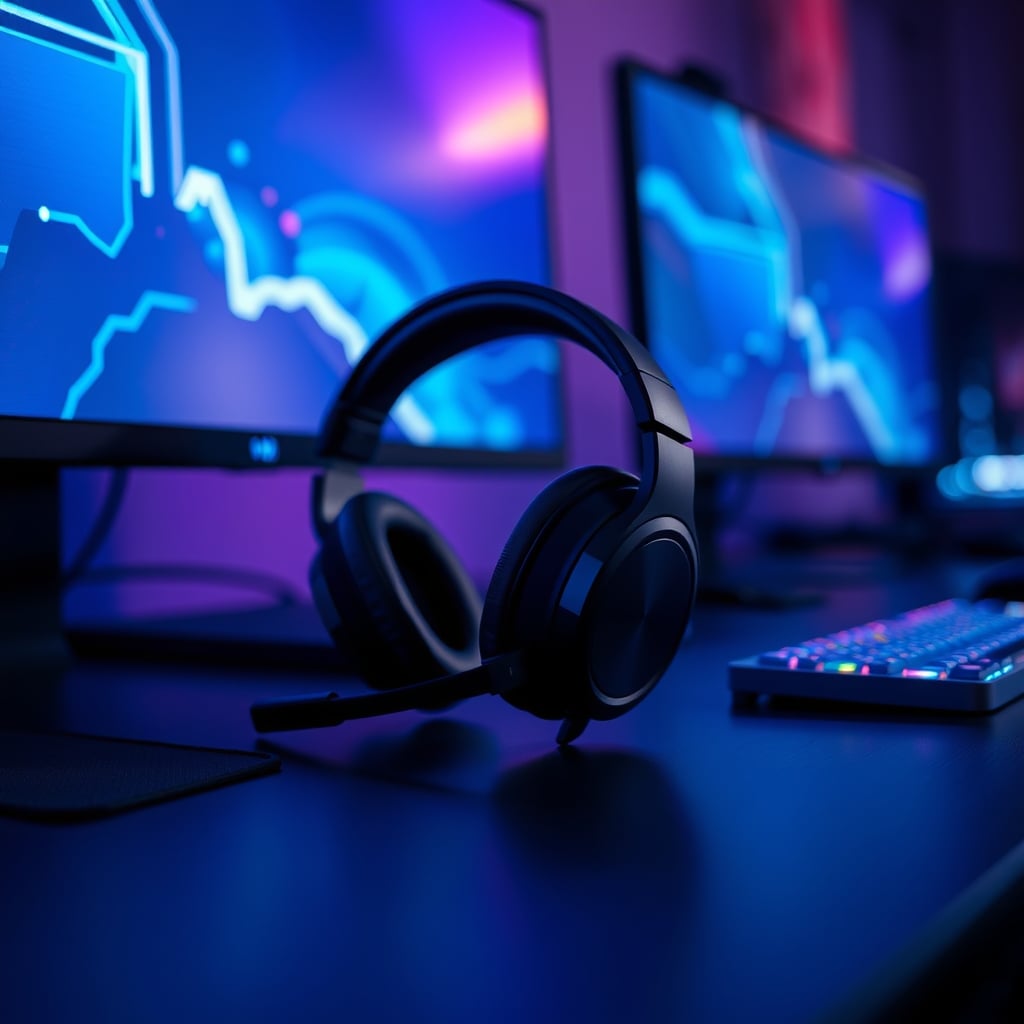 best wireless gaming headset — A wireless gaming headset resting on a dark desk illuminated by cool blue RGB monitor glow at night.