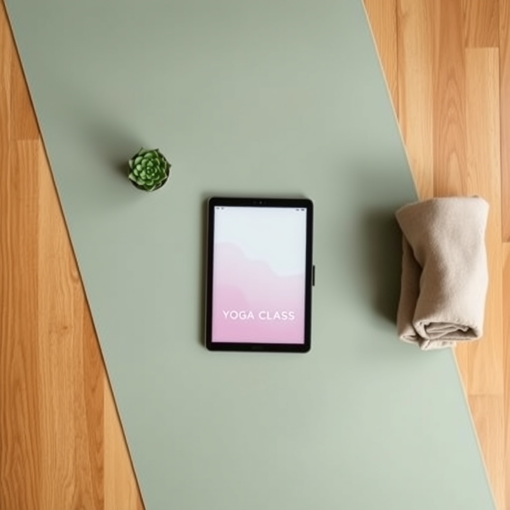 best workout app subscriptions — Yoga mat on wooden floor with a tablet displaying a yoga app interface, plant and blanket alongside in soft morning light