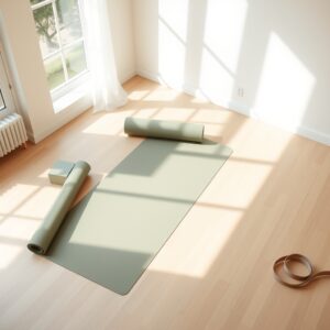 best yoga blocks — Overhead view of an unrolled yoga mat with foam blocks and a strap arranged neatly on hardwood floors in soft natural light.