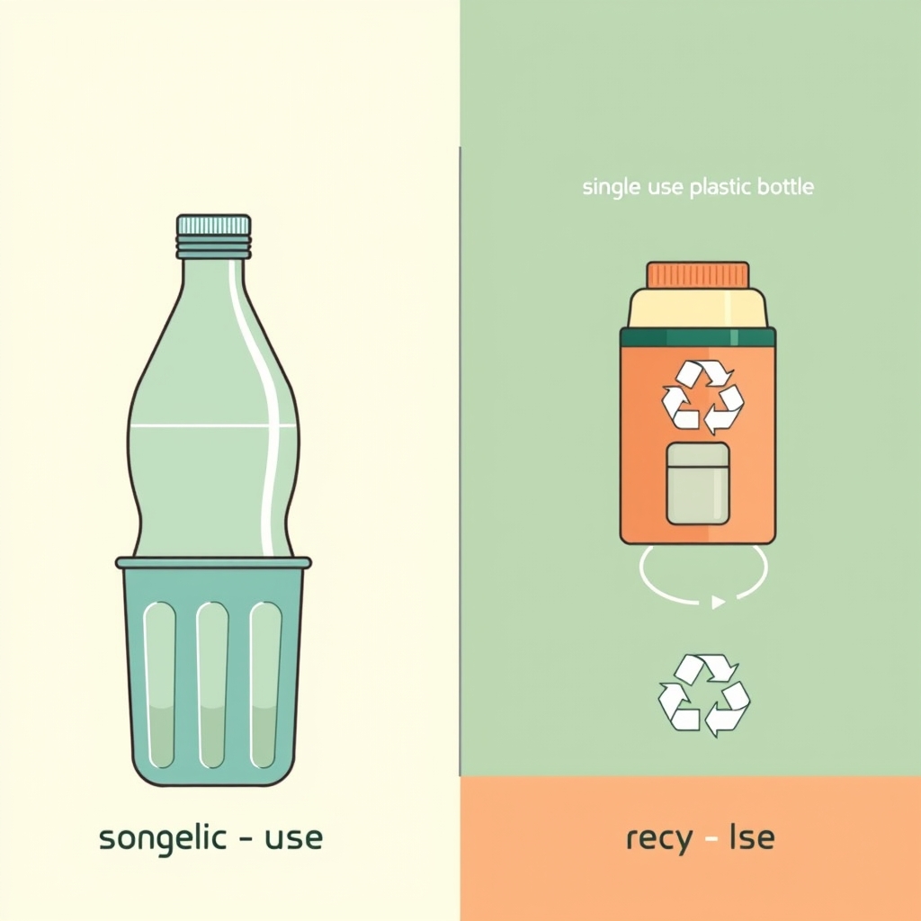 biodegradable skincare — Side-by-side flat illustration: single-use plastic bottle ending in landfill versus refillable container with cartridge in a reuse loop