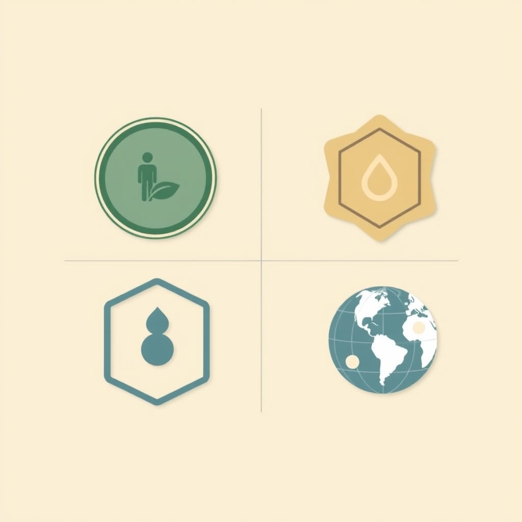 biodegradable sneakers — Flat vector diagram of four eco-certification badge shapes with abstract icons representing environmental and labor standards