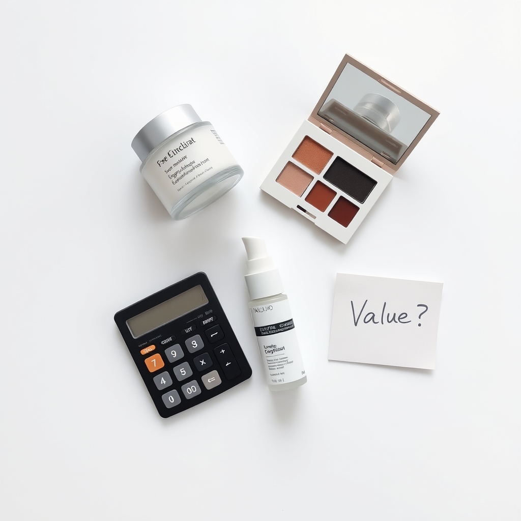 Birchbox vs FabFitFun — Three beauty products with price tags alongside a calculator and a sticky note reading 'Value?' on a white surface.