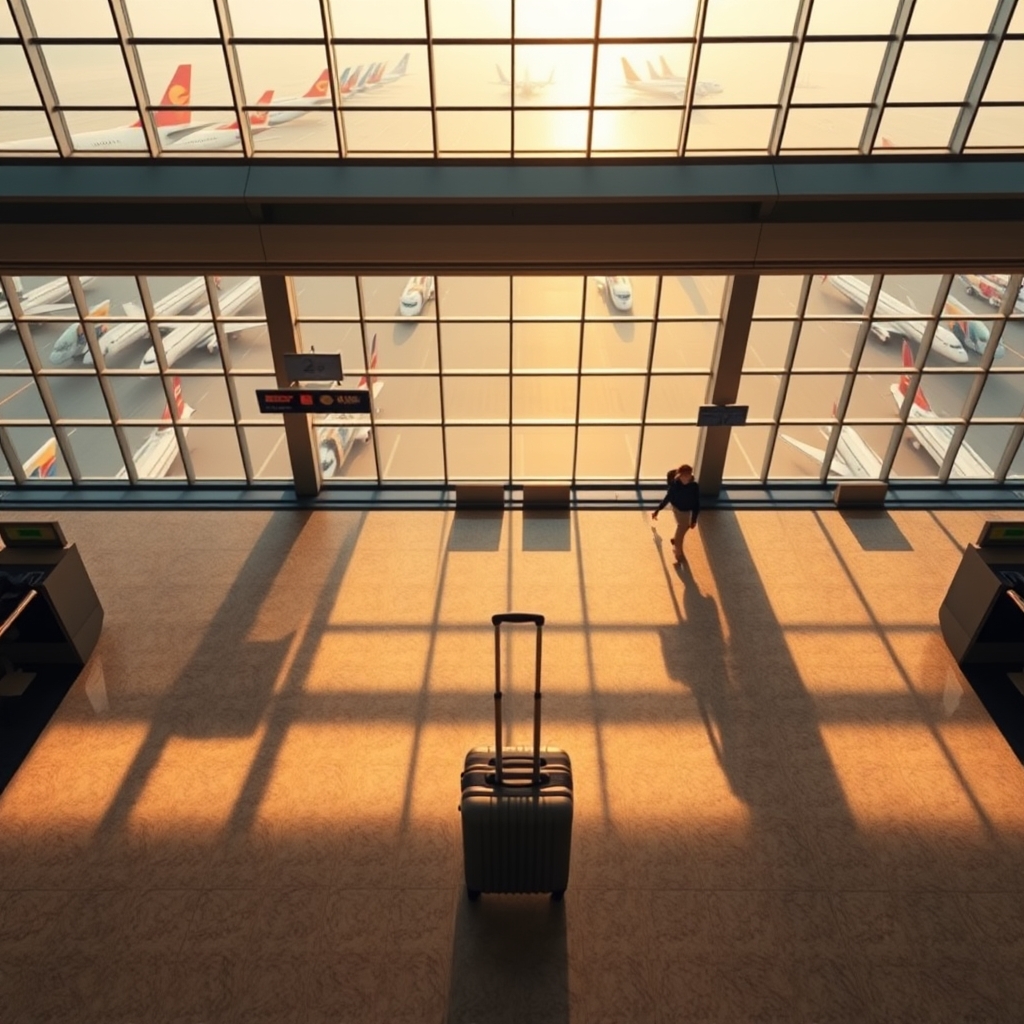 budget airline fees explained — Overhead view of an airport departure hall with colorful airline tails visible through windows and a lone carry-on suitcase in the foreground