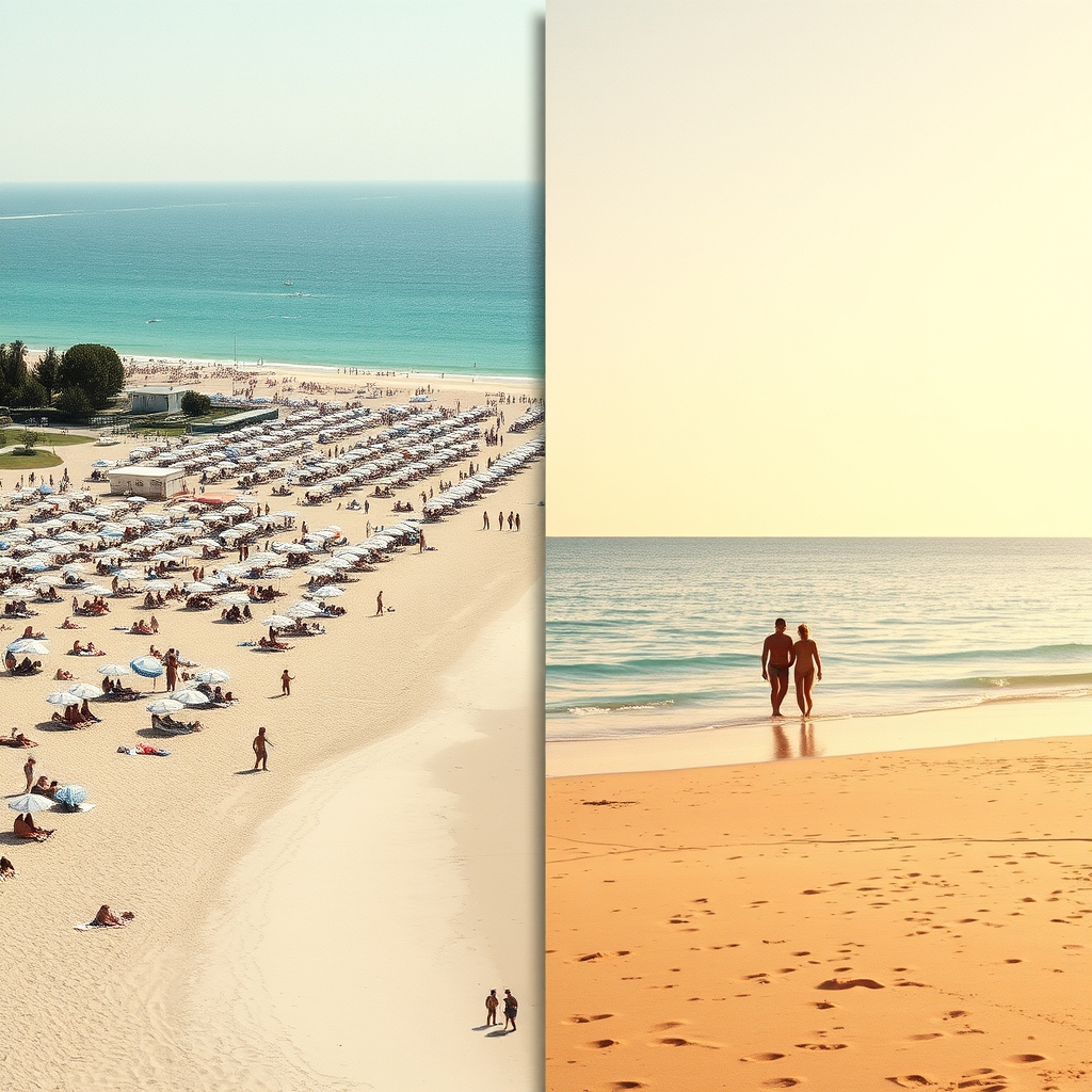 budget family vacation — Side-by-side comparison of a packed summer beach versus a tranquil, nearly empty beach in early autumn light