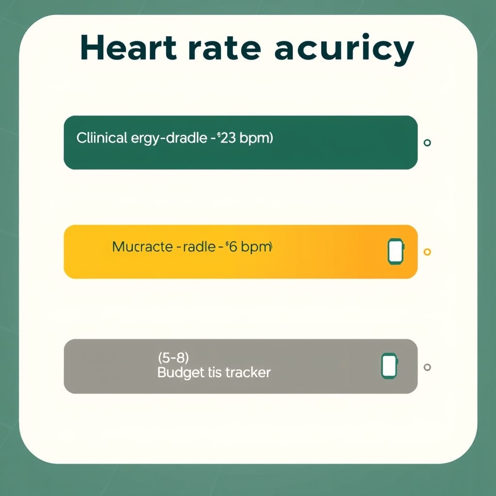 budget fitness tracker — Bar chart comparing heart rate accuracy tiers from clinical-grade monitors to budget fitness trackers, showing bpm drift ranges.