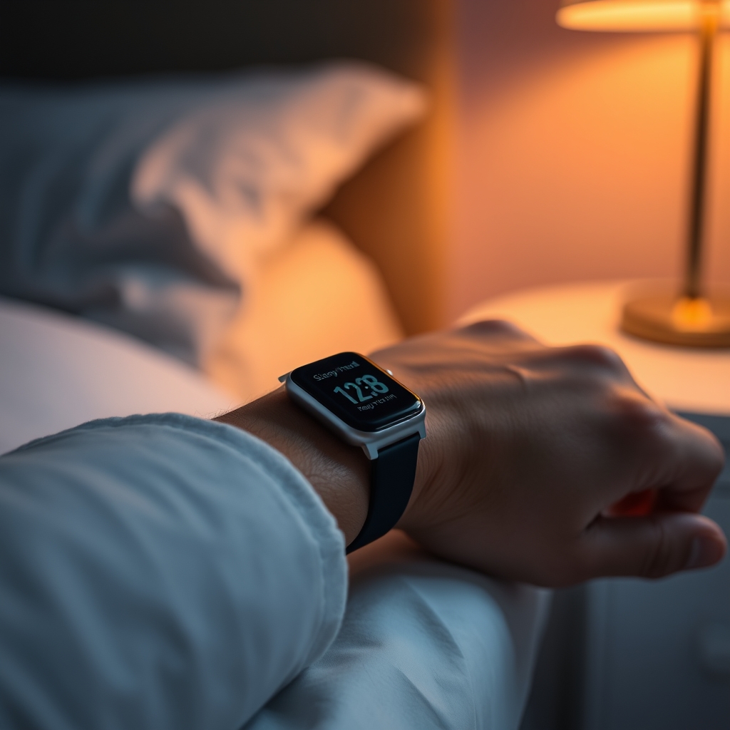budget smartwatch health tracking — A slim fitness band on a wrist resting on a bedside table at night showing a sleep stage display on its small screen