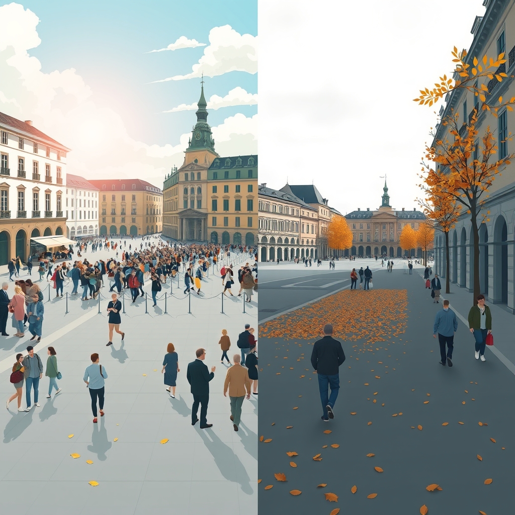 budget travel tips — Side-by-side editorial illustration comparing a packed summer tourist plaza with the same quiet autumn scene and falling leaves
