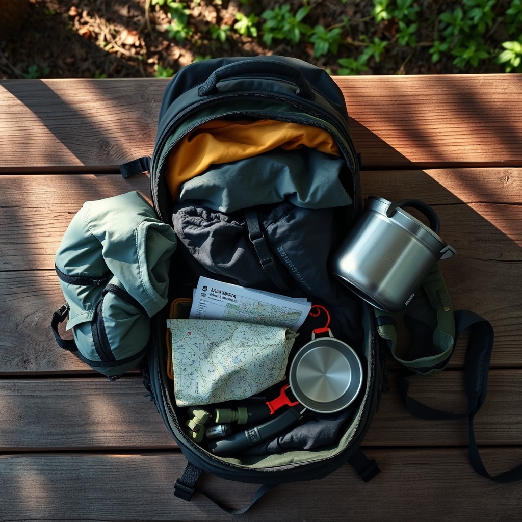 camping equipment guide — Hiker's backpack contents organized into three groups — clothing, navigation tools, and cooking gear — on a wooden shelter table.