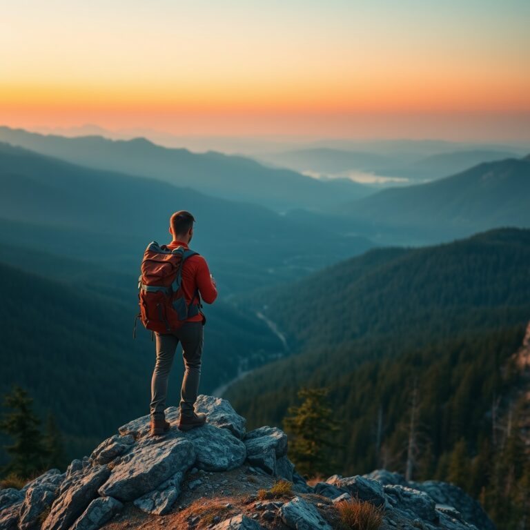 camping equipment guide — Hiker with a full backpack stands on a rocky ridge overlooking a wide forested valley at golden hour.
