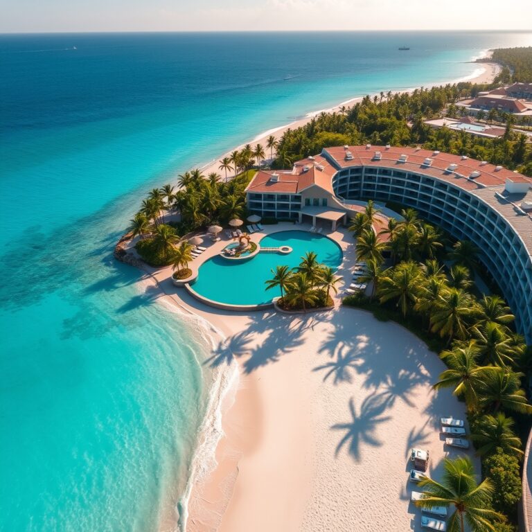 Cancun all inclusive resorts — Aerial view of a Mexican all-inclusive resort with turquoise Caribbean water, white sand beach, and a large pool surrounded by palm trees.