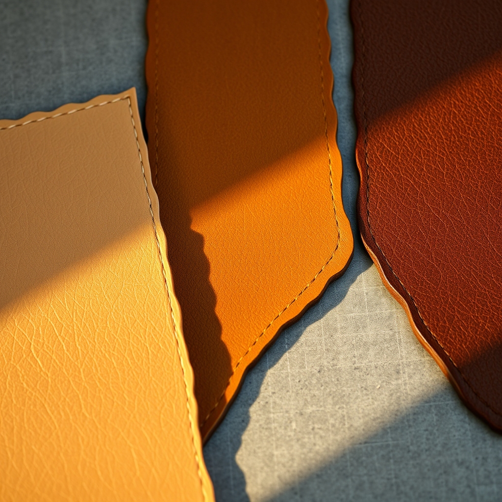 canvas tote bag — Three leather swatches showing progressive patina development from pale new leather to deep amber aged leather on a grey slate surface.