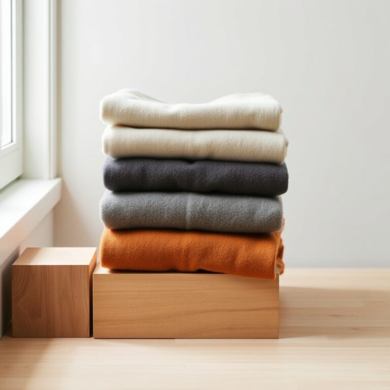 cashmere care instructions — Three folded cashmere sweaters in oatmeal, grey, and camel stacked on a pale oak surface with a cedar block.