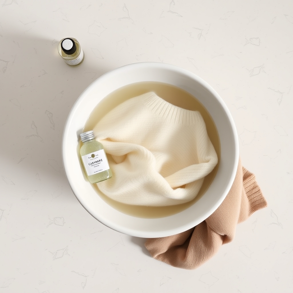cashmere quality guide — Overhead flat lay of cashmere hand-wash setup with basin, wool detergent, towel, and submerged cream sweater.