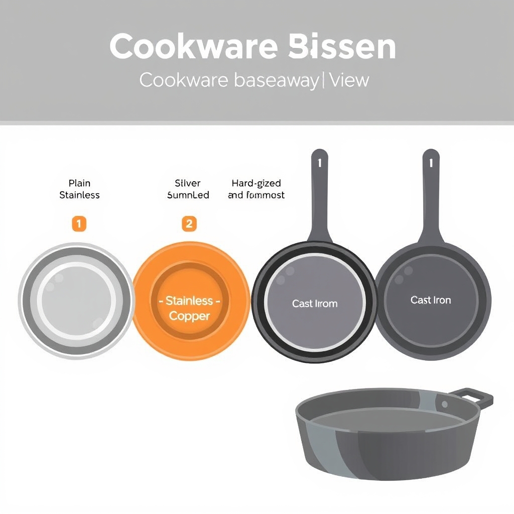 ceramic cooktop safe cookware — Cutaway diagram comparing five cookware base types including tri-ply, copper core, hard-anodized, and cast iron cross-sections.