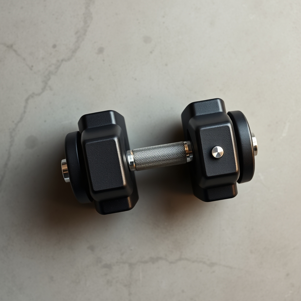 cheap home gym machines — Overhead flat-lay of a pair of adjustable dial dumbbells on a concrete surface showing the weight-selection pin mechanism.