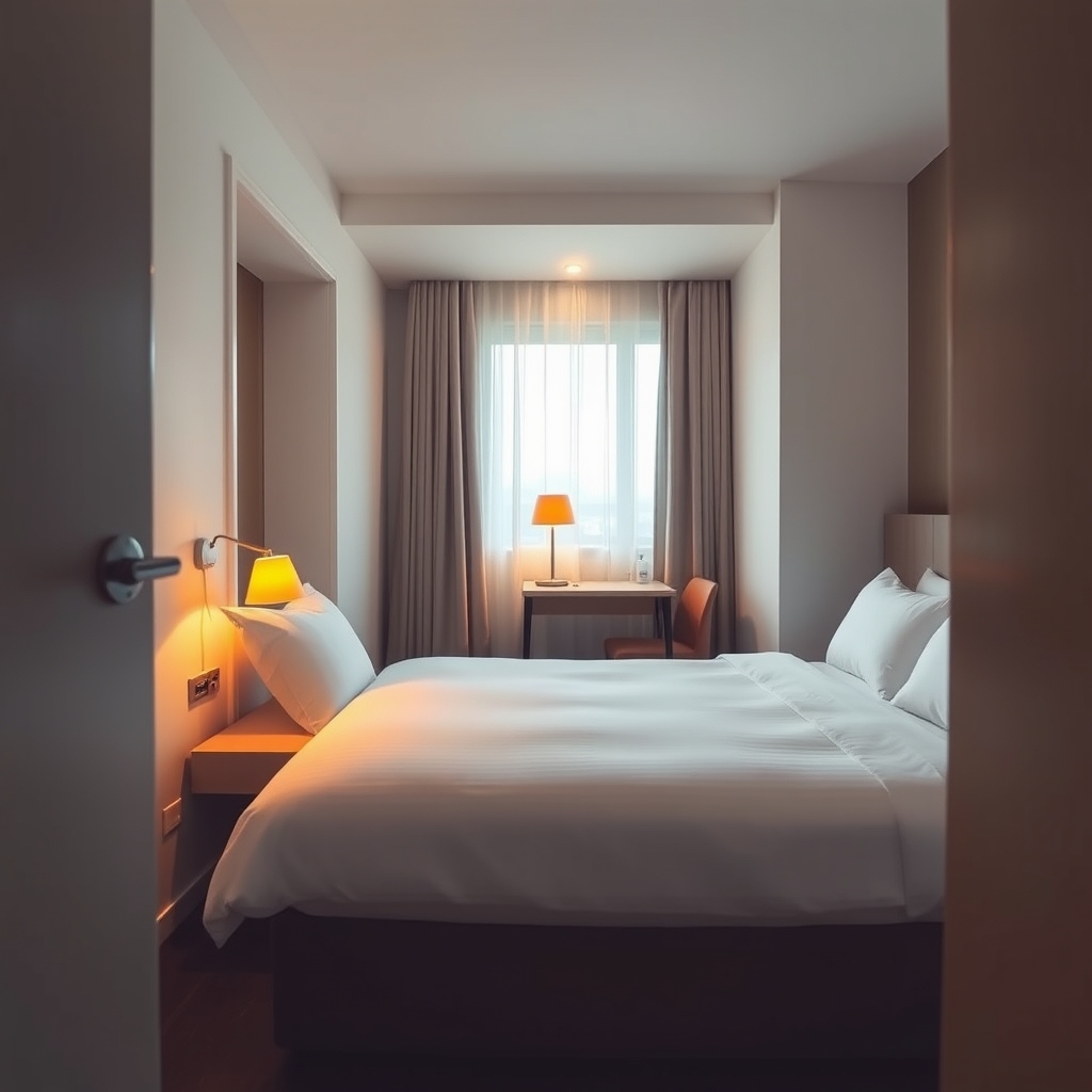 cheap hotels with good reviews — Clean budget hotel room with white bedding, warm lamp light, and a small desk by a curtained window.