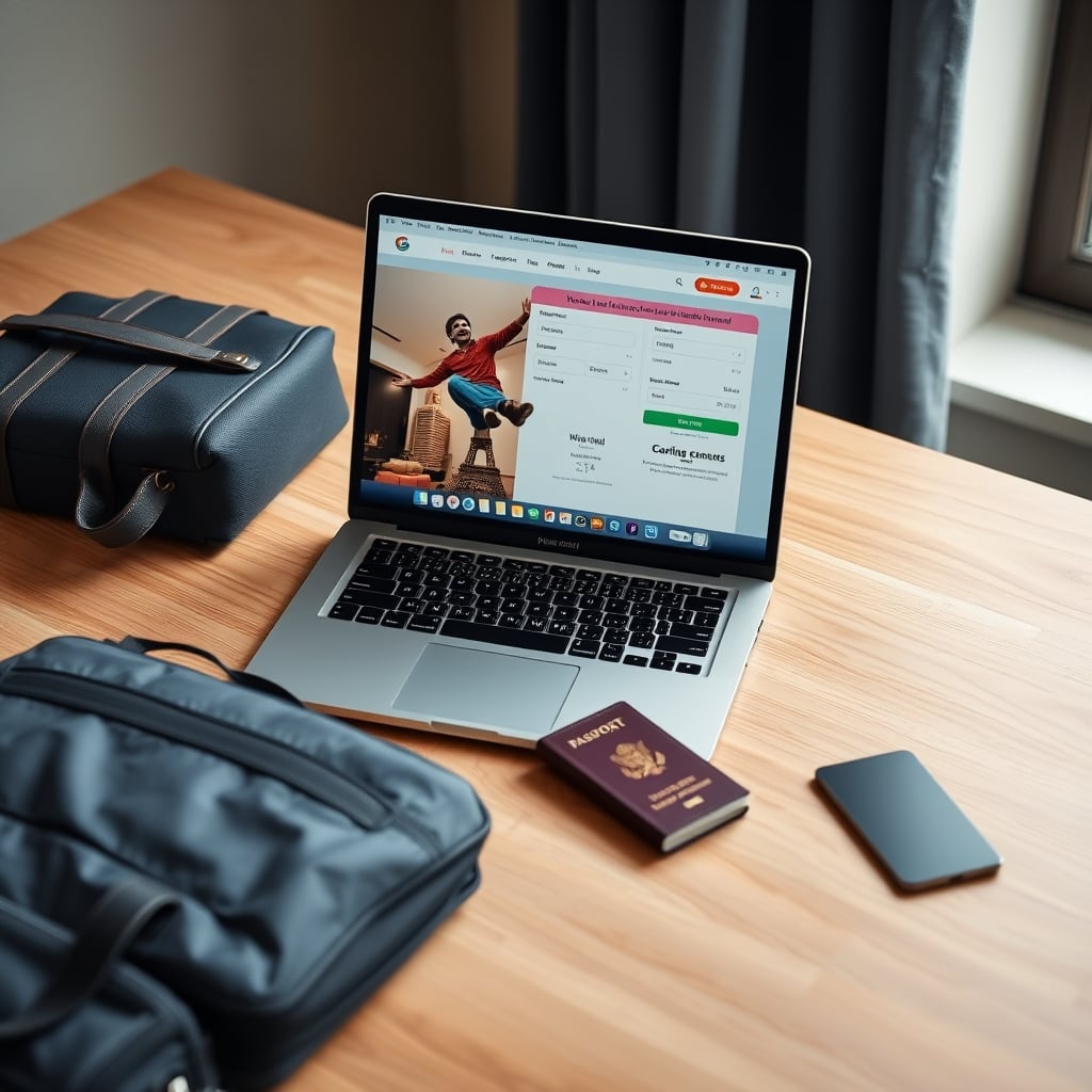 cheapest hotel booking platform — Laptop showing hotel booking website on a wooden desk beside a passport, credit card, and travel bag.