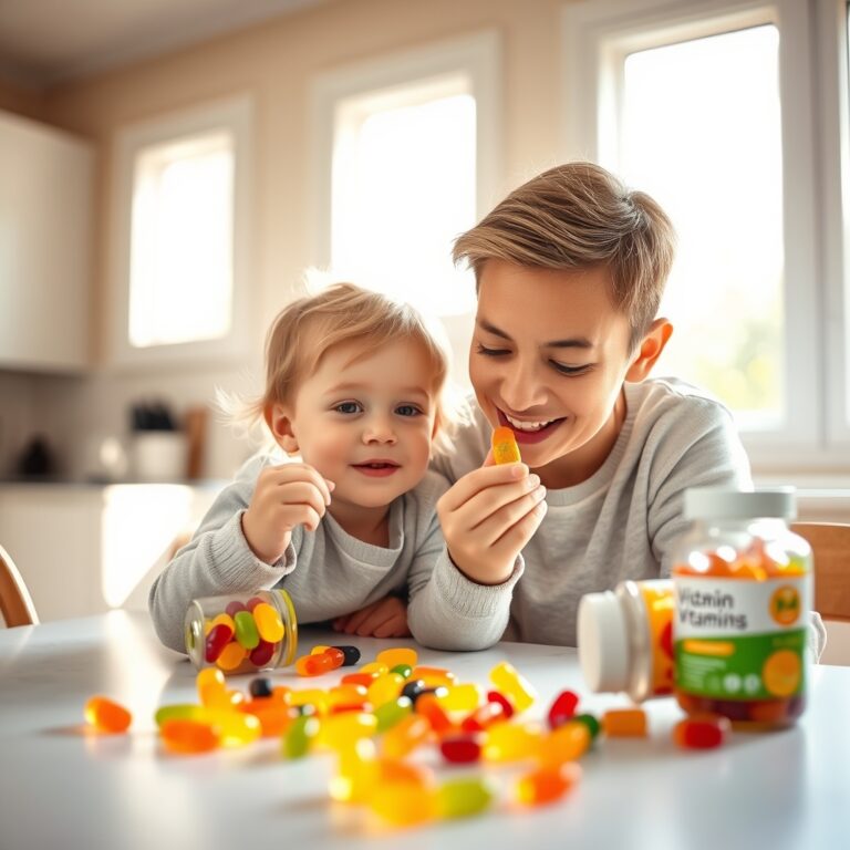 children's vitamins gummy — Parent and child examining vitamin gummies at a kitchen table in natural morning light.