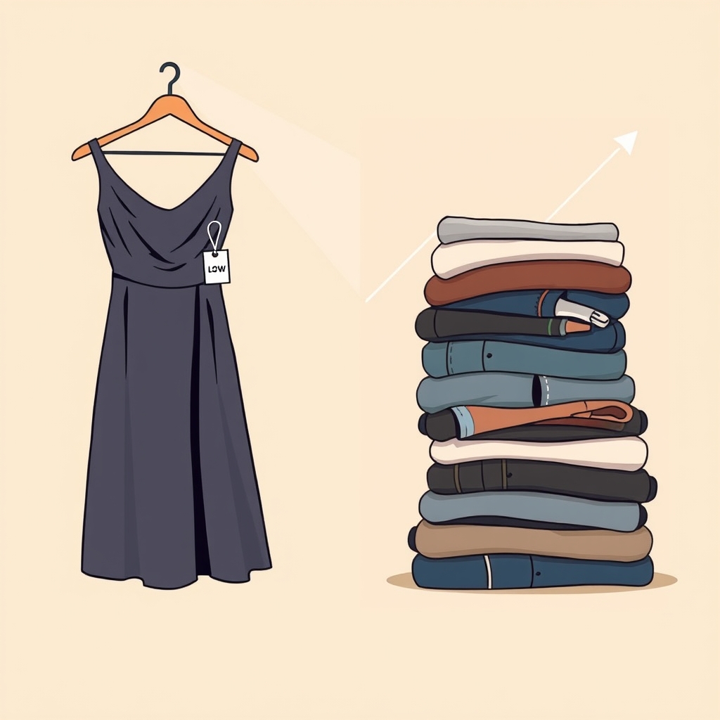clothing rental quality — Split illustration contrasting affordable event dress rental on the left with a costly casual basics stack on the right.