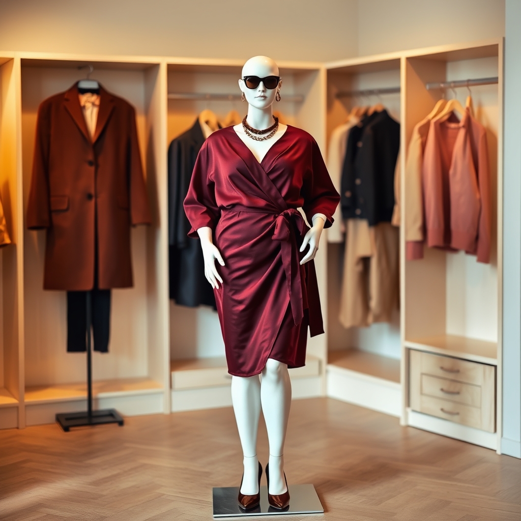 clothing rental subscription — Mannequin in a plus-size burgundy wrap dress displayed in a warmly lit boutique, representing inclusive clothing rental options.