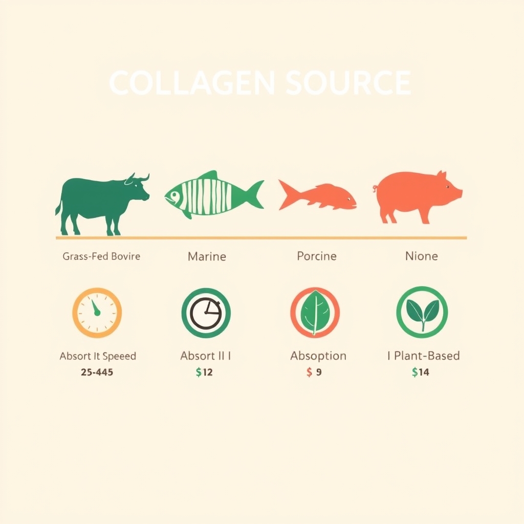 collagen peptides for skin — Flat vector infographic comparing grass-fed bovine, wild marine, porcine, and plant-based collagen sources by type, absorption speed, and cost tier