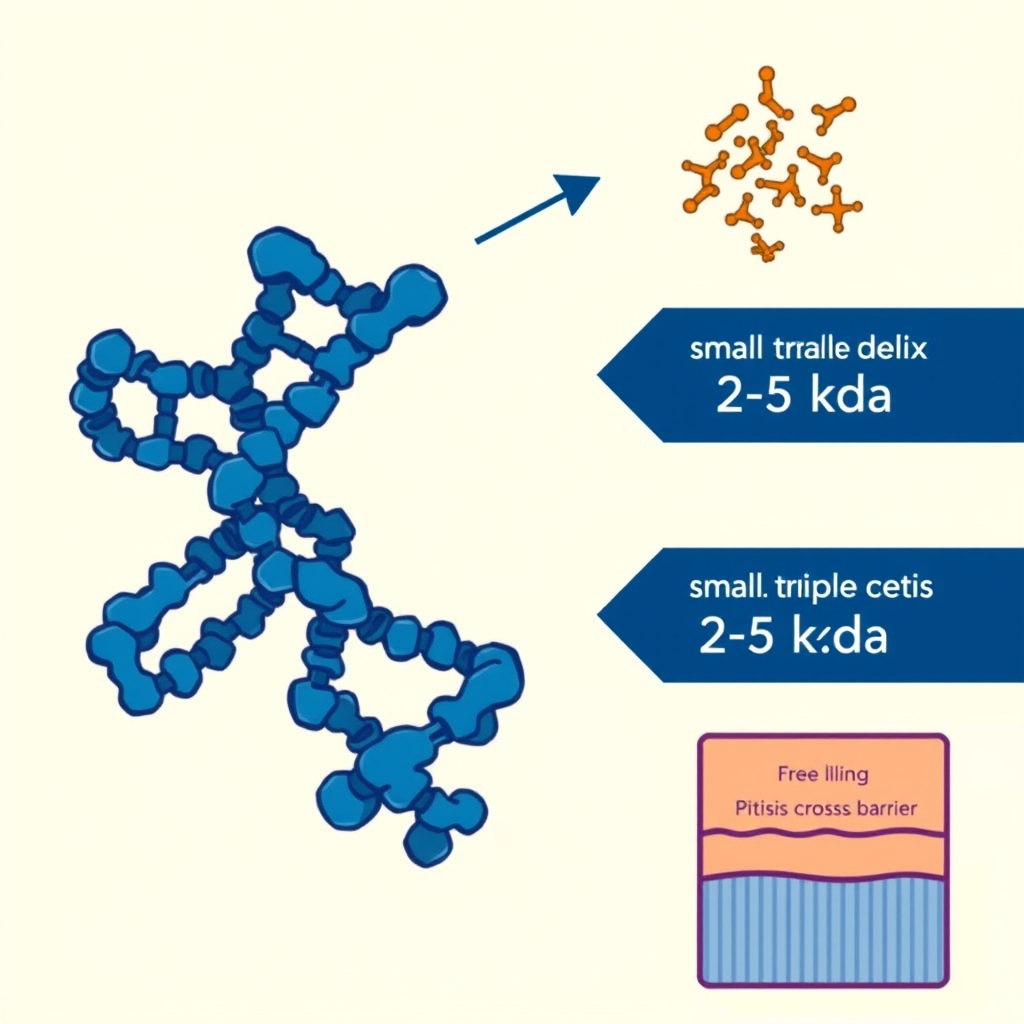 collagen supplement for joints — Scientific diagram comparing a large unhydrolyzed collagen triple-helix at 300 kDa to small hydrolyzed peptides at 2–5 kDa crossing the intestinal barrier